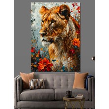 Dişi Aslan ve Çiçekler Dekoratif Kanvas - Mdf Ahşap Tablo