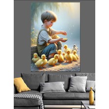Civcivleri Besleyen Çocuk Dekoratif Kanvas - Mdf Ahşap Tablo
