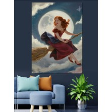 Süpürgeyle Uçan Kadın Dekoratif Kanvas - Mdf Ahşap Tablo