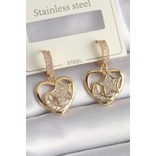 Pirinç Gold Renk Zirkon Taşlı Kalp Model Ay Yıldız Işleme Kadın Küpe