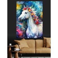 Beyaz At ve Çiçekler Dekoratif Kanvas - Mdf Ahşap Tablo