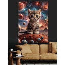 Yavru Kedi ve Gezegenler Dekoratif Kanvas - Mdf Ahşap Tablo