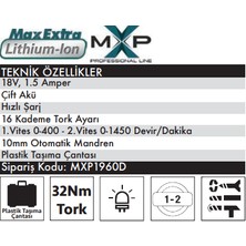 Max Extra MXP1960D - 32 Nm Akülü Darbeli Matkap Vidalama 18 Volt - 1.5 Amper