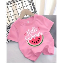 Kıds Face Özel Tasarım Hello Summer Karpuz Dilimi Baskılı Oversize Kız Çocuk Trend T-Shırt