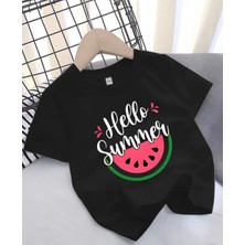 Kıds Face Özel Tasarım Hello Summer Karpuz Dilimi Baskılı Oversize Kız Çocuk Trend T-Shırt Renk