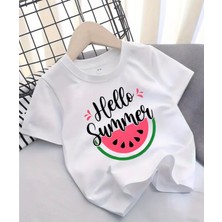 Kıds Face Özel Tasarım Hello Summer Karpuz Dilimi Baskılı Oversize Kız Çocuk Trend T-Shırt