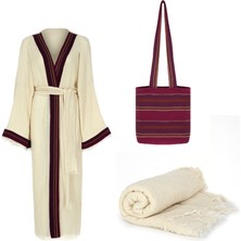 Naturel Pamuk Crinkle Kaftan Kimono Seti -135 Cm- Aynı Kumaştan Havlu 170x110 Cm, Bordo Çantalı
