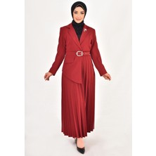 By Coolest Butik 1314 By Coolest Butik Double Kumaş Eteği Pilise Detaylı Kruvaze Yaka Tesettür Elbise