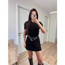 Reka Moda Kısa Kollu Bluz Mini Etekli Ikili Takım Triko - Siyah