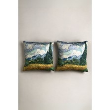 Radora 2 Adet Van Gogh Selvi Ağaçlı Buğday Tarlası Temalı Çift Taraf Dijital Baskılı Fermuarlı 2’li Kırlent Kılıfı