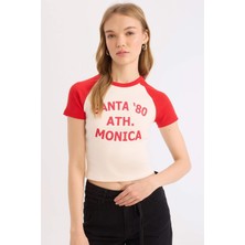 DeFacto Fitted Bisiklet Yaka Baskılı Fitilli Kaşkorse Kısa Kollu Tişört E0677AX25SM