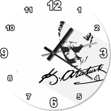 30 cm Çap Siyah Beyaz Atatürk Imza  Özel Tasarım Duvar Saati