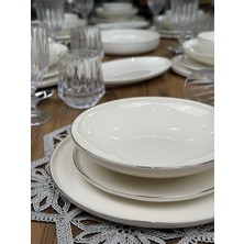Lazzi Porselen Gümüş Platin Yaldızlı Krem 24 Parça 6 Kişilik Sunum Servis Yemek Takımı Seti