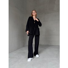 TKM-03658 Siyah Çift Bağlamalı Salaş Tasarım Bluz Palazzo Pantolon Ikili Takım