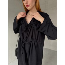 TKM-03658 Siyah Çift Bağlamalı Salaş Tasarım Bluz Palazzo Pantolon Ikili Takım