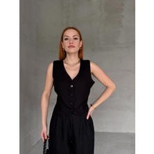 TKM-03664 Siyah Keten Kumaş Yelekli Palazzo Yüksek Bel Pantolon Ikili Takım
