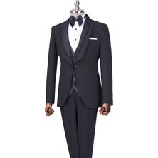 Italyan Stil Slim Fit Şal Yaka Ceket Yelek Pantolon Damatlık Set Siyah T13692