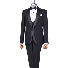 Italyan Stil Slim Fit Şal Yaka Ceket Yelek Pantolon Damatlık Set Siyah T13691