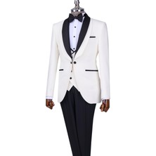 Italyan Stil Slim Fit Şal Yaka Ceket Yelek Pantolon Damatlık Set Beyaz T13694