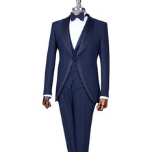 Italyan Stil Slim Fit Şal Yaka Ceket Yelek Pantolon Damatlık Set Lacivert T13696