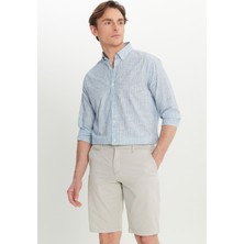 Pamuklu Keten Comfort Fit Rahat Kesim Düğmeli Yaka Çizgili Gömlek