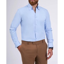 Italyan Stil Slim Fit Dik Yaka Duble Manşet Erkek Gömlek Mavi T11955