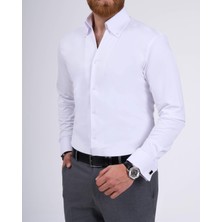 Italyan Stil Slim Fit Dik Yaka Duble Manşet Erkek Gömlek Beyaz T11956