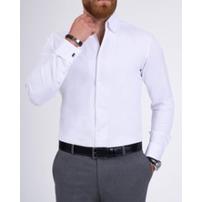 Italyan Stil Slim Fit Dik Yaka Duble Manşet Erkek Gömlek Beyaz T11956