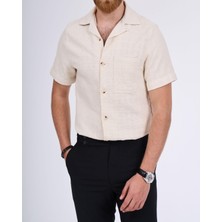 Italyan Stil Slim Fit Örme Dokulu Kısa Kollu Erkek Gömlek Ekru T13629