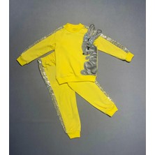 Petli Pelüş Tavşan Desenli Likra Penye Kumaş Sweat Pantolonlu Kız 2li Çocuk Takımı Sarı