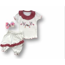 Çiçek Nakışlı Roman Şalvar Bandanalı Kısa Kollu Sweat 3lü Kız Bebek Takımı Nar Çiçeği