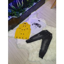 Poyraz Fashion Kids Erkek Çocuk Kargo Cepli Kot Pantalon Sarı Yelek ve Tişört Takım Bayramlık Kombin