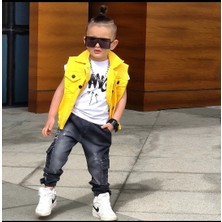 Poyraz Fashion Kids Erkek Çocuk Kargo Cepli Kot Pantalon Sarı Yelek ve Tişört Takım Bayramlık Kombin