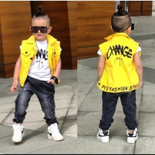 Poyraz Fashion Kids Erkek Çocuk Kargo Cepli Kot Pantalon Sarı Yelek ve Tişört Takım Bayramlık Kombin