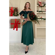 Elbee Fashion Woman Zümrüt Omuz Büzgülü Saten Elbise