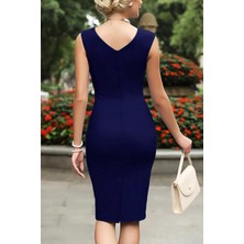 Kadın Büyük Beden Lacivert Asimetrik Yaka Vintage Stil Midi Elbise