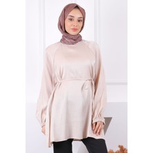 İmaj Butik Bej Bel Kuşaklı Parlak Tunik