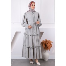 İmaj Butik Gri Önü Nakışlı Bel Kuşaklı Elbise