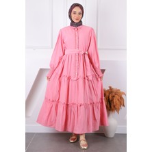 İmaj Butik Pembe Önü Nakışlı Bel Kuşaklı Elbise