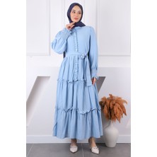 İmaj Butik Bebe Mavi Önü Nakışlı Bel Kuşaklı Elbise