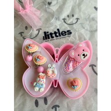 The Littles Kids Kız Çocuk Pembe Fiyonklu Kelebek Kutulu Sıkıştırmalı Küpe Ayarlanabilir Yüzük ve Yan Toka Bijuteri Seti