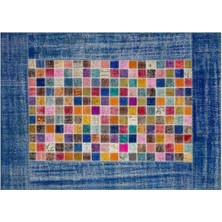 Modern El Dokuma Patchwork Halı Mozaik Detaylı Mavi 4 m2 Ölçü;170 x 240