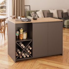 Vino L5120 Mutfak Adası 127 cm  Sepet Ahşap Üst Antrasit Alt Şaraplık Oturmalı Depolamalı Çok Amaçlı Masa