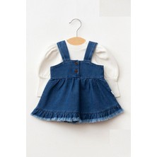 Kız Bebek Püsküllü Kot Jile Elbise Balon Bluz Lüks Jean Takım