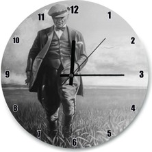 Siyah Beyaz Buğday Tarlasındaki Atatürk Duvar Saati (Çap 30X30 Cm)