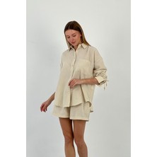 Kadın Yazlık Oversize Gömlek Mini Şort Alt Üst Bej Ikili Takım