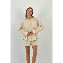 Kadın Yazlık Oversize Gömlek Mini Şort Alt Üst Bej Ikili Takım