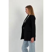 Kadın Yazlık Düğmeli Ofis Blazer Uzun Siyah Ceket