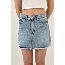 Kadın Taşlı Jeans Kısa Yazlık Mini B.mavi Kot Etek