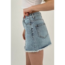 Kadın Taşlı Jeans Kısa Yazlık Mini B.mavi Kot Etek